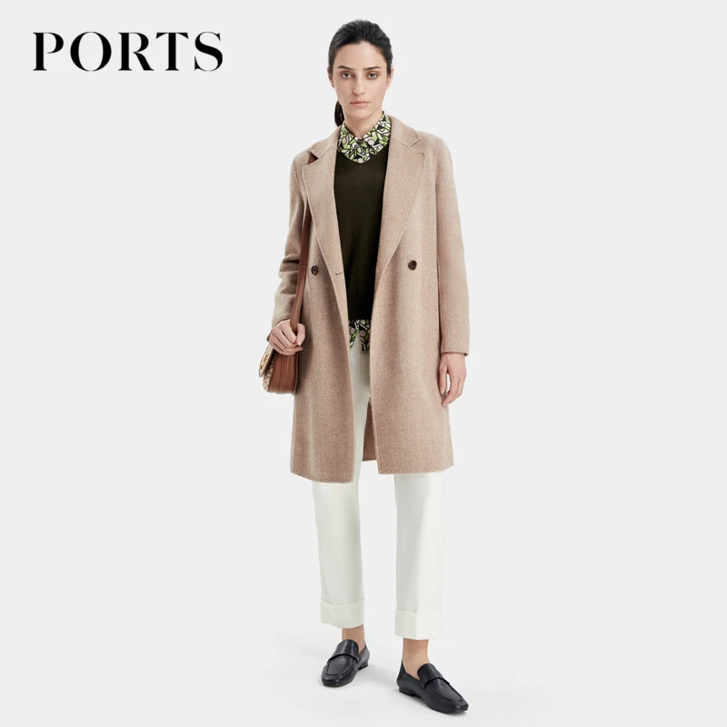 PORTS宝姿女装 秋冬百搭通勤风中长款气质翻领保暖双面毛呢大衣女