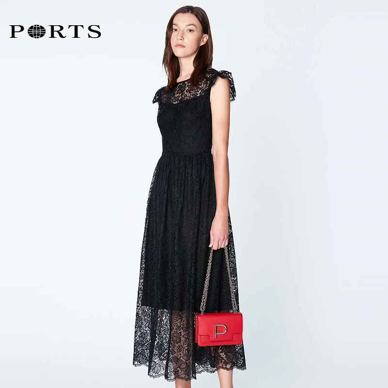 PORTS宝姿 春夏女装时尚通勤风气质优雅蕾丝拼接修身圆领连衣裙女