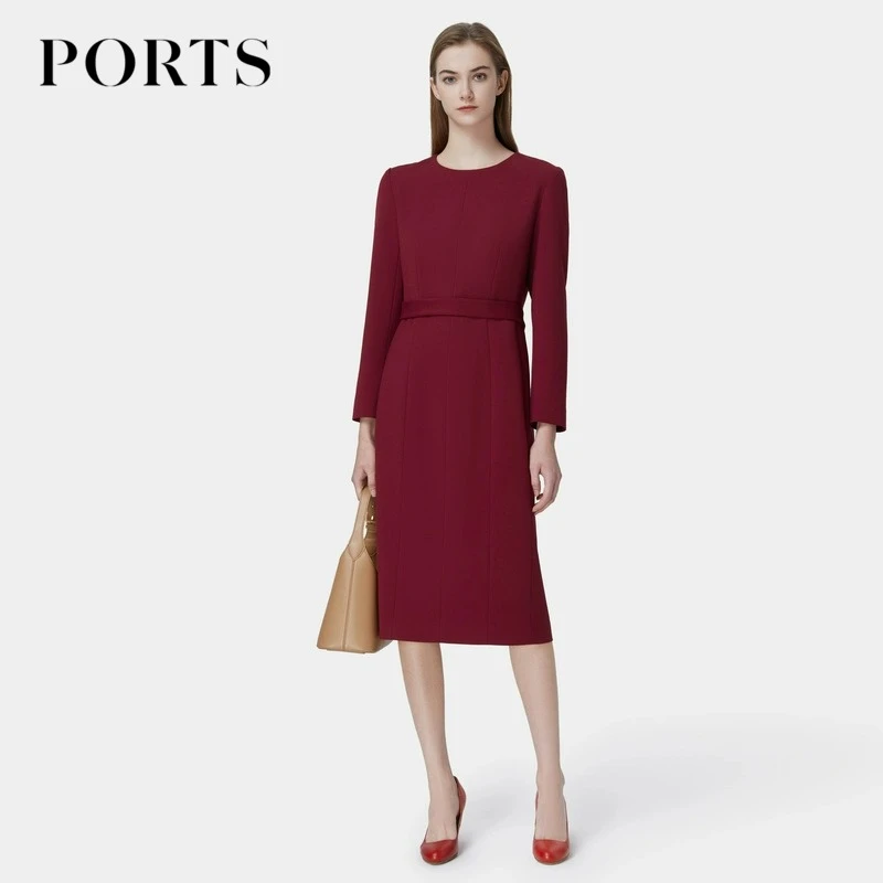 PORTS宝姿冬季时尚气质高级感复古萨尔萨红色收腰女装连衣裙