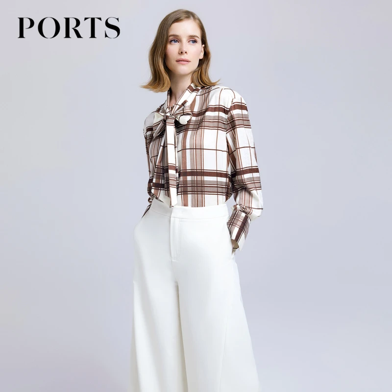 PORTS宝姿女装春季款百搭通勤风休闲裤奶白色简约时尚阔腿裤女 士