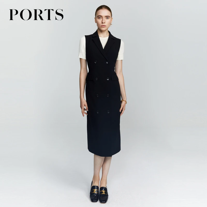 PORTS宝姿 女装秋季气质优雅双排扣拼接收腰修身马甲通勤连衣裙女