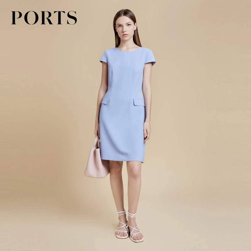 PORTS宝姿 时尚通勤风女装春夏新款气质空境蓝明线装饰短袖连衣裙
