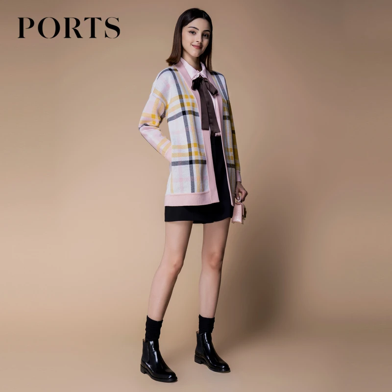 【羊毛系列】PORTS宝姿女装秋季经典时尚通勤风格纹撞色v领针织开衫