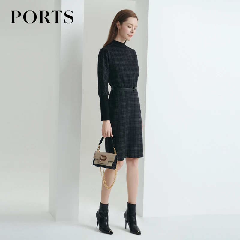 PORTS宝姿 时尚通勤风女装秋季连衣裙休闲高级感子羊毛格纹裙女