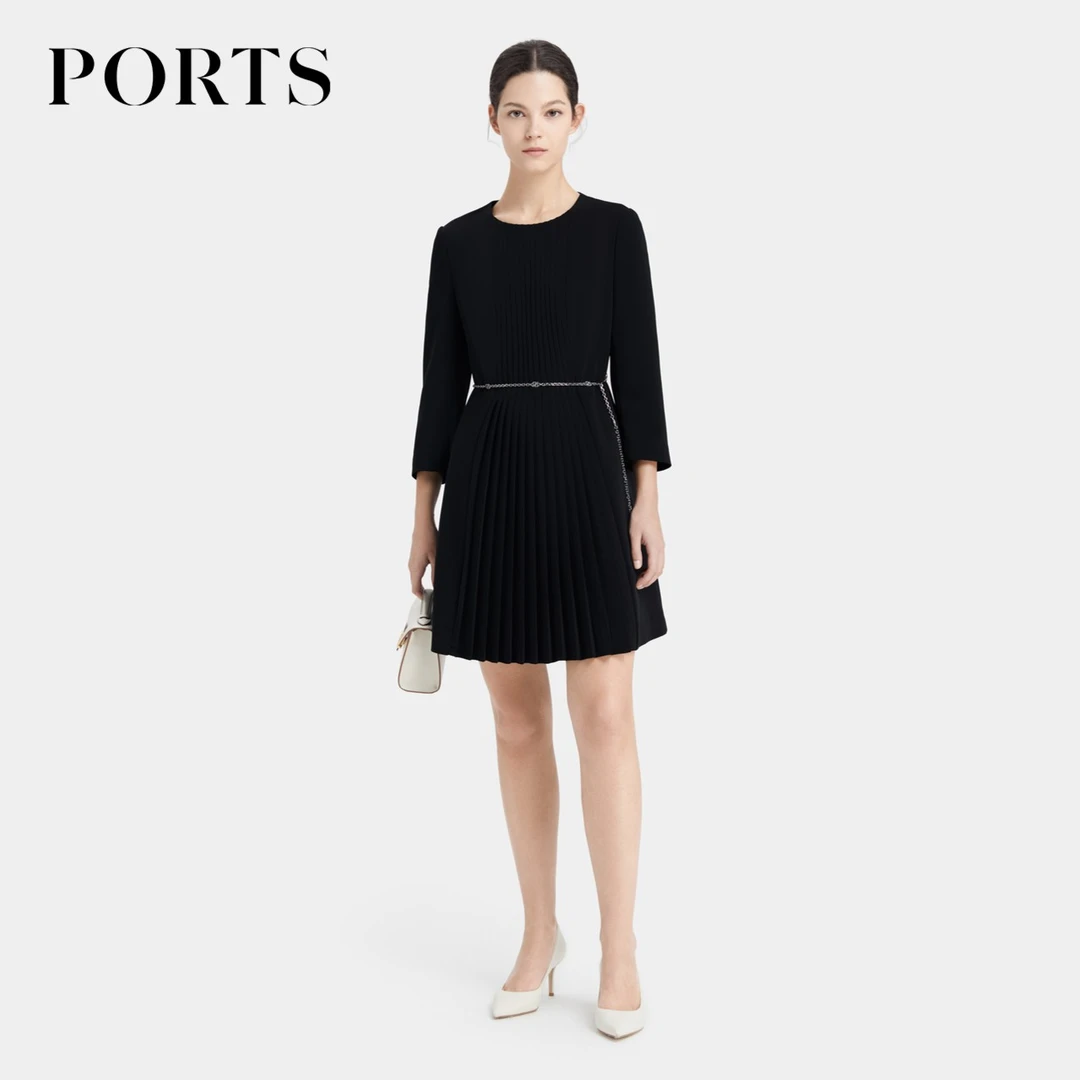 PORTS宝姿春季修身显瘦黑色褶裥显瘦腰带式A字女装连衣裙