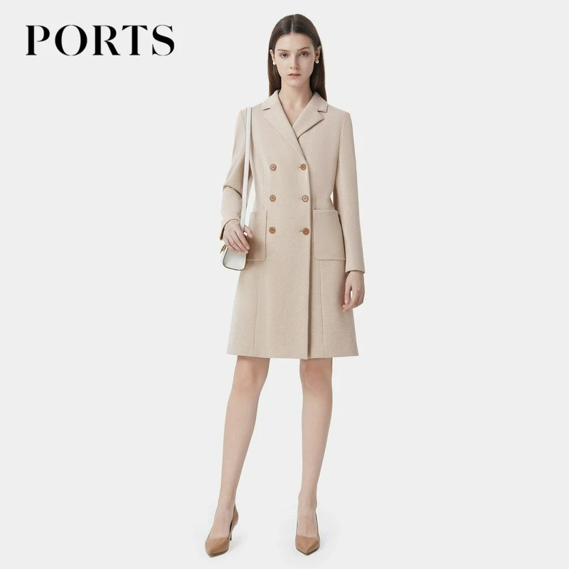 PORTS宝姿女装连衣裙冬季高级感双排扣平驳领小香风连衣裙