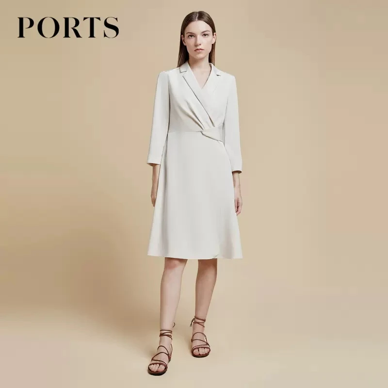 PORTS宝姿 女装春季新款时尚通勤风燕麦灰扭结装饰收腰修身连衣裙