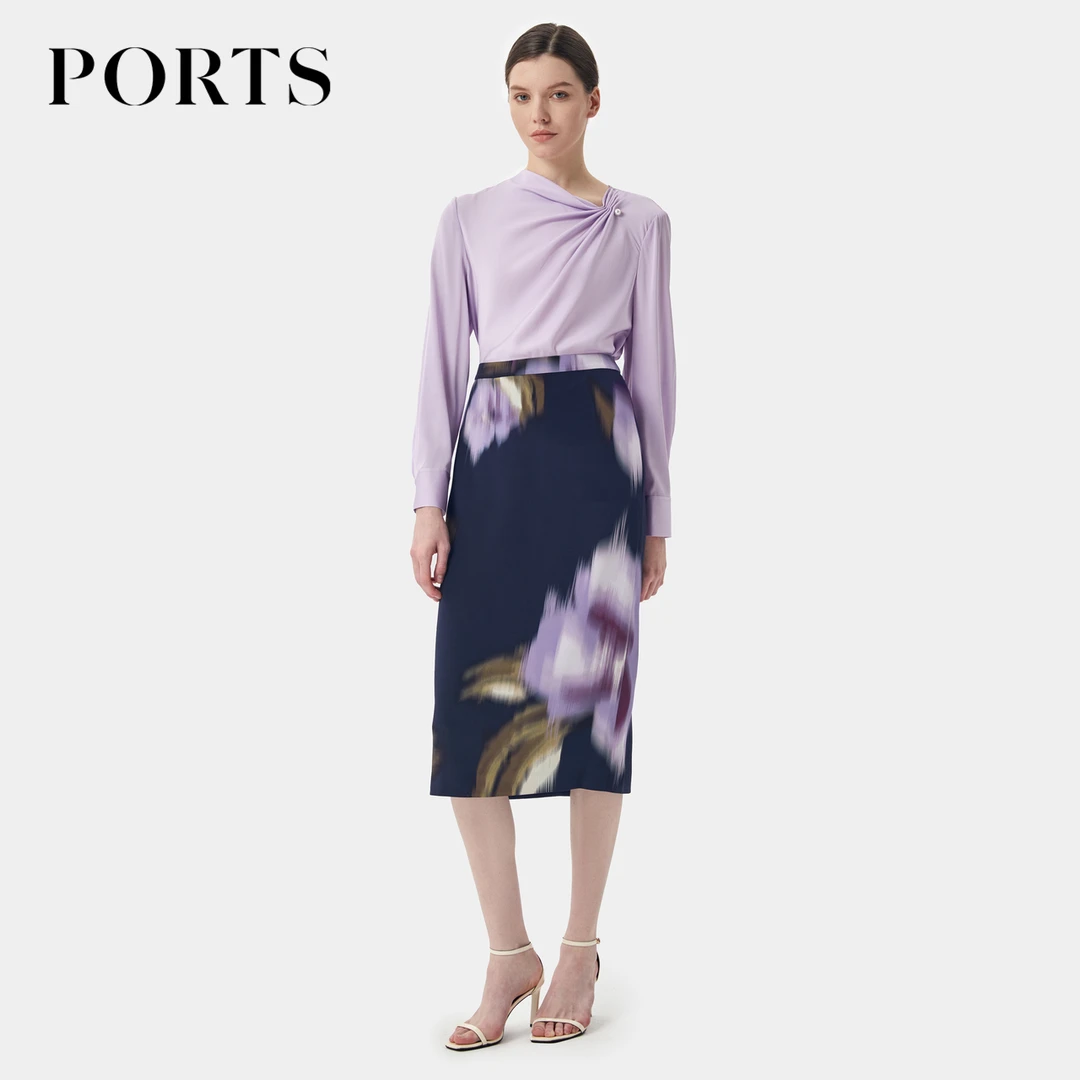 PORTS宝姿女装 早春渐变晕染“追忆花影”印花过膝半裙女