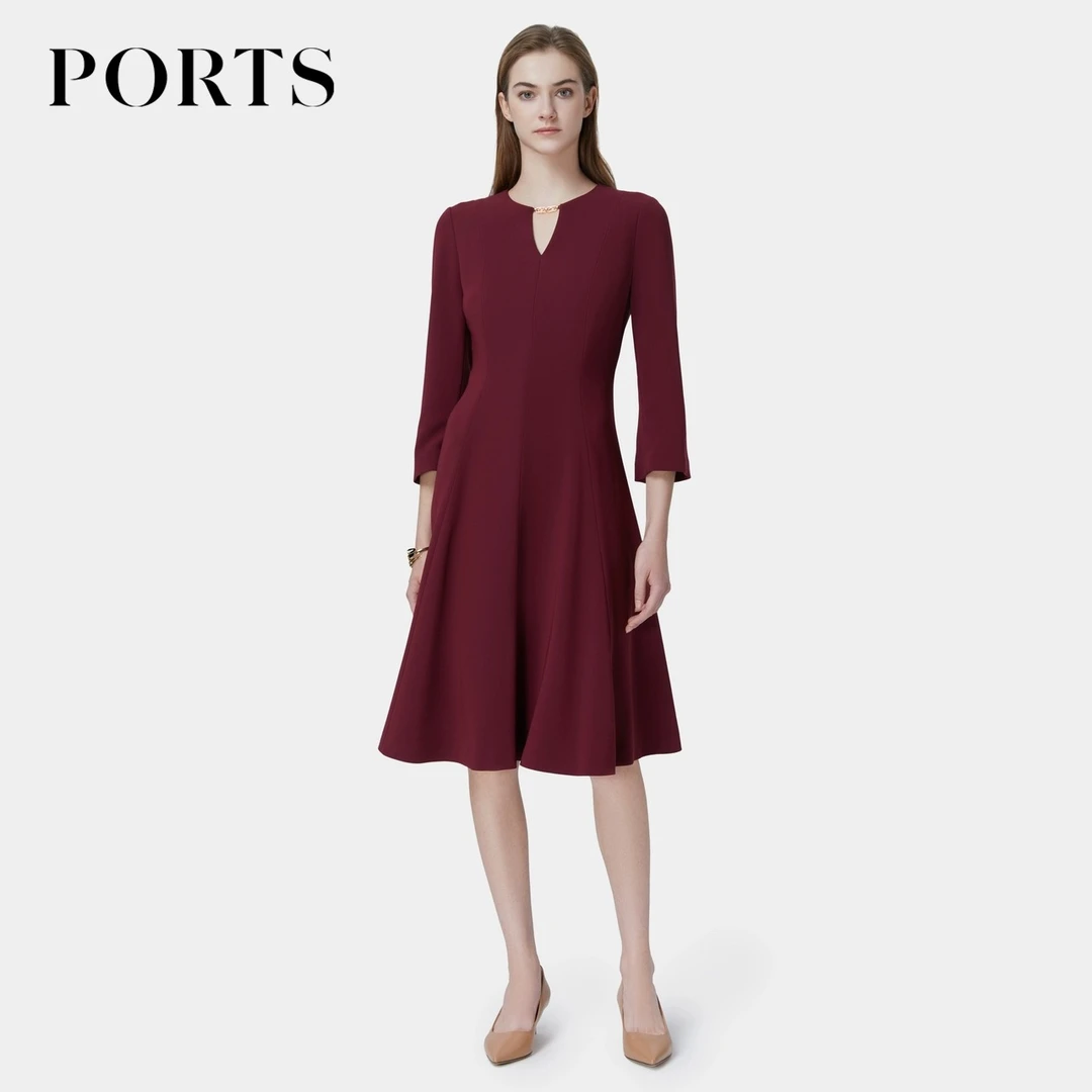 PORTS宝姿秋季优雅复古高级感领收腰链装饰温莎红女装连衣裙