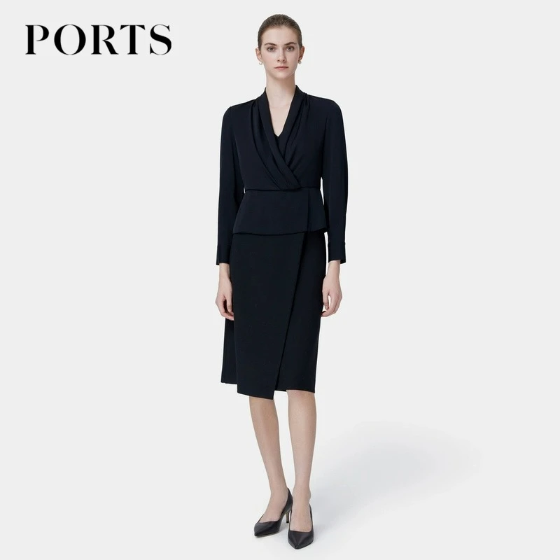 PORTS宝姿 女装半身裙秋季简约商务腰链装饰气质显瘦半身裙女
