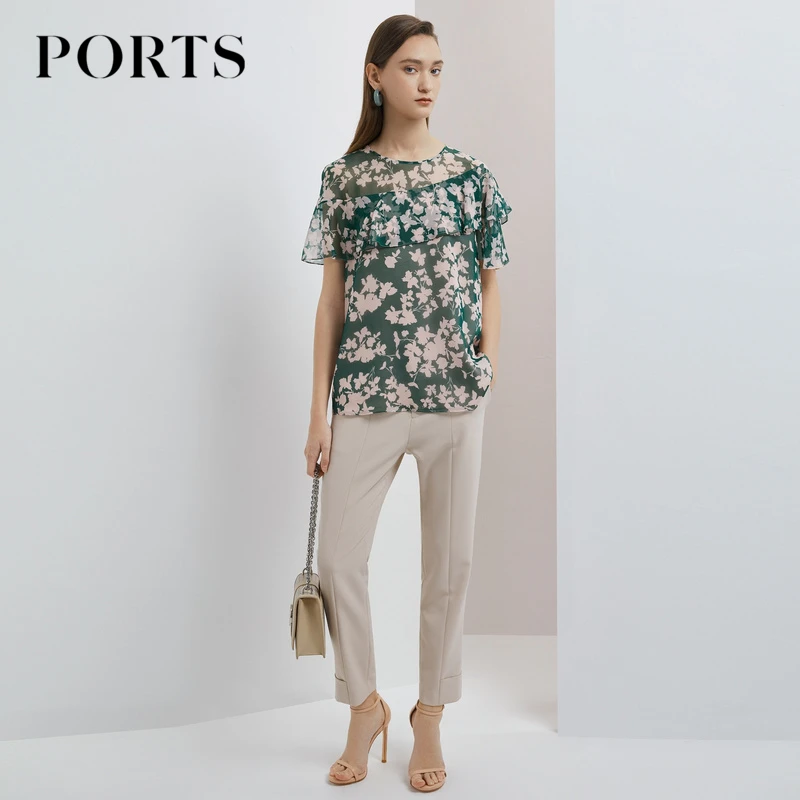 PORTS宝姿春夏通勤风女装时尚休闲百搭荷叶边桑蚕丝圆领衬衫女 士
