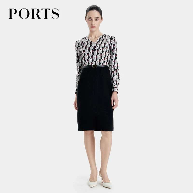PORTS宝姿 秋季百搭通勤“摩登拼接”印花Two-In-One修身女装连衣裙