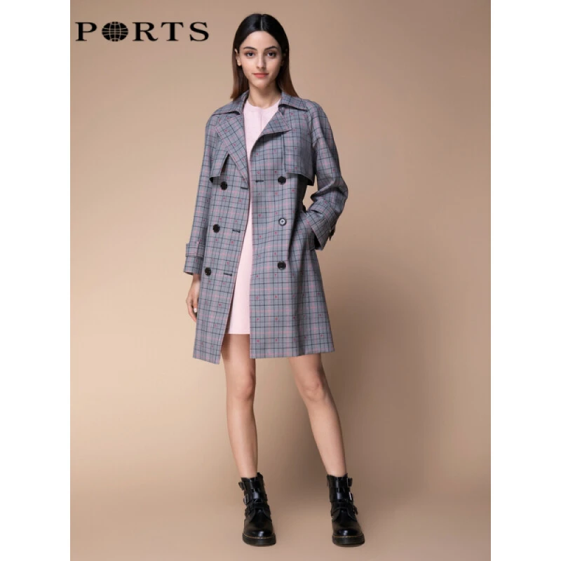 PORTS 宝姿秋冬款百搭通勤女装英伦风格纹中长款时尚系带毛呢外套