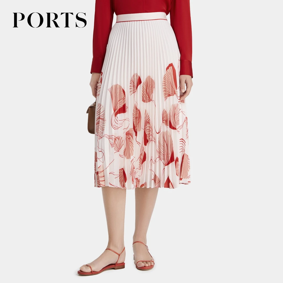 PORTS宝姿 通勤风女装秋季逸动花舞印花褶裥优雅气质百搭半身裙女