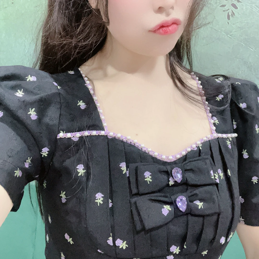 YDNalways衣迪尼原创时装品牌设计款蝴蝶结花朵黑色连衣裙