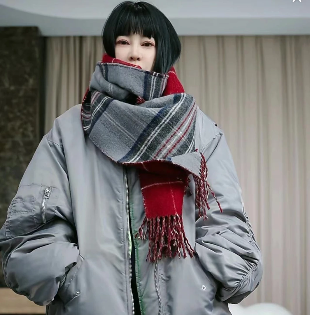 infobyfive2024秋冬新款红色双面格纹羊毛格子长款围巾2DJ0401