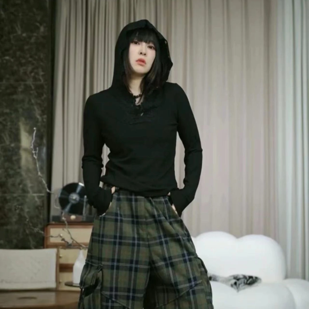 infobyfive福利秋冬新款蕾丝连帽边花菜帽蕾丝打底衫T恤2DI2004