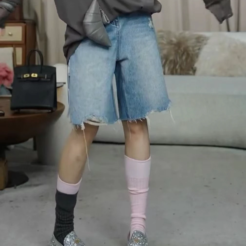 infobyfive福利春夏新蓝色水洗直筒宽松做旧牛仔短裤中裤2DD0302