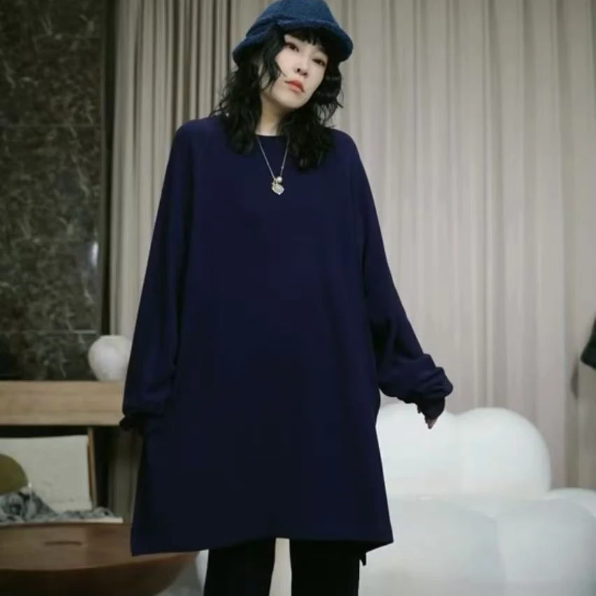 infobyfive冬季宽松中长款圆领插肩袖澳绒打底衫连衣裙2DK0804