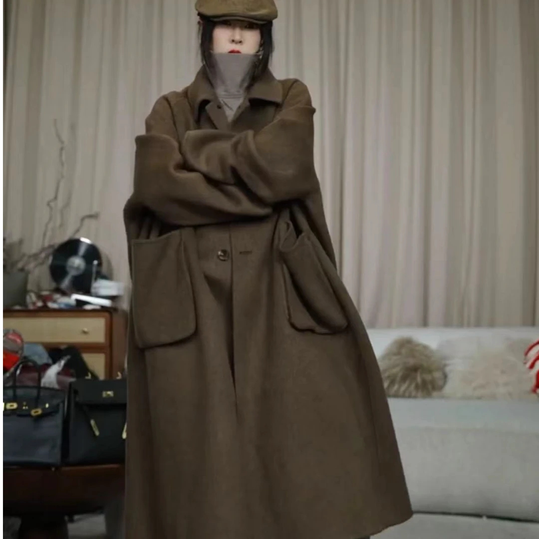 infobyfive2025秋冬新款女士宽松中长款羊毛大衣2DH3106