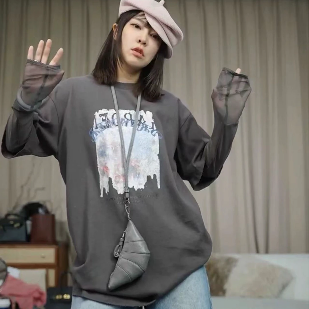 infobyfive2024春夏新款短袖长袖假两件拼蕾丝圆领卫衣2DC3001