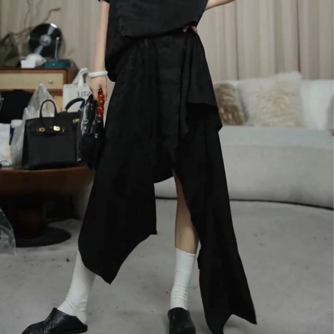 infobyfive福利夏季新款气质新中式提花黑色不规则半身裙2DD2809