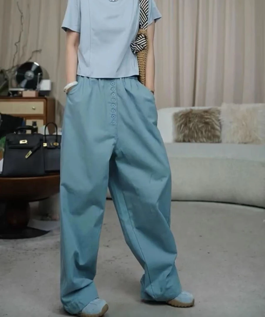 infobyfive福利夏季新款松紧腰扣子纯色休闲休闲裤长裤2DE3107