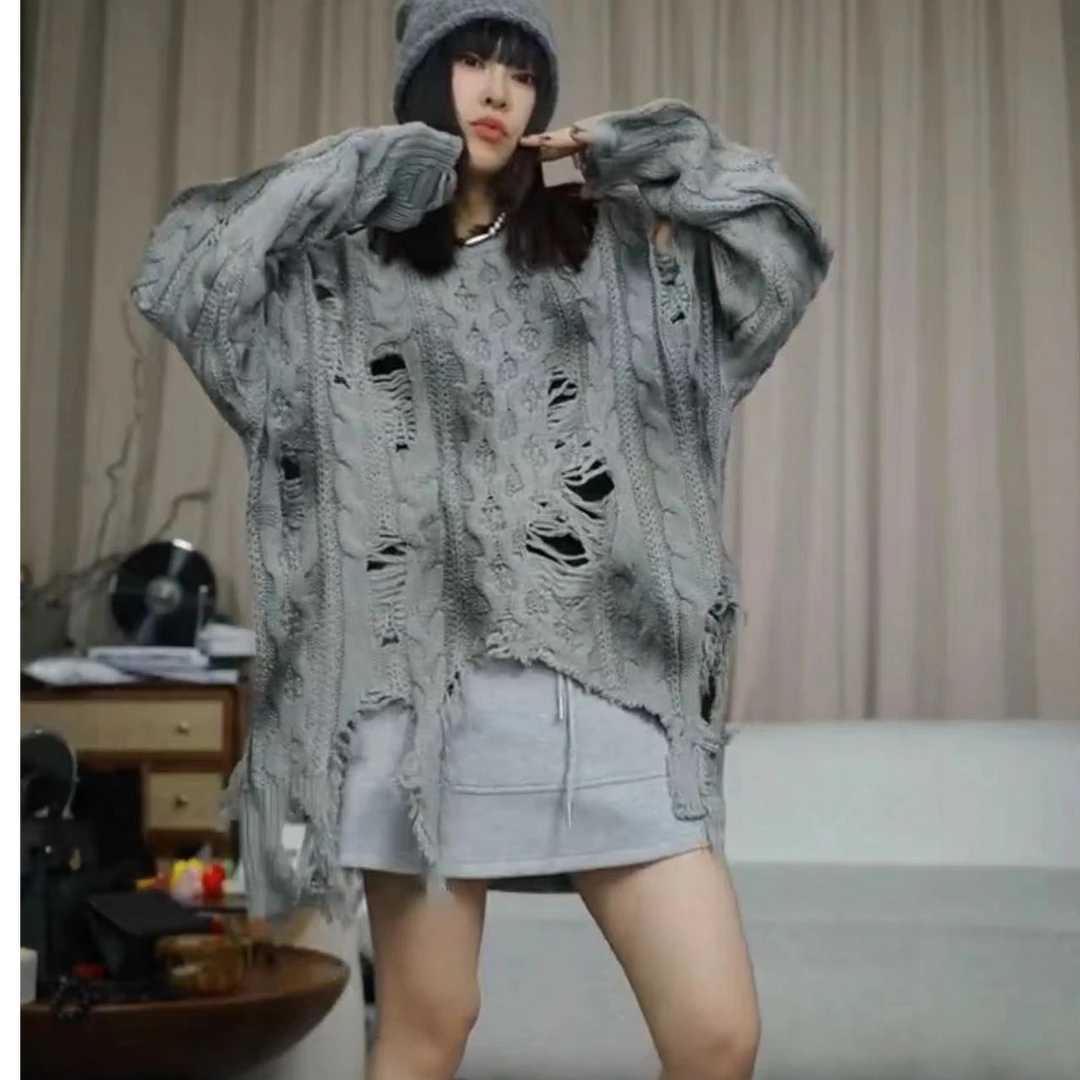 infobyfive福利秋冬破洞宽松慵懒风脏脏乞丐针织毛衣2DH3103