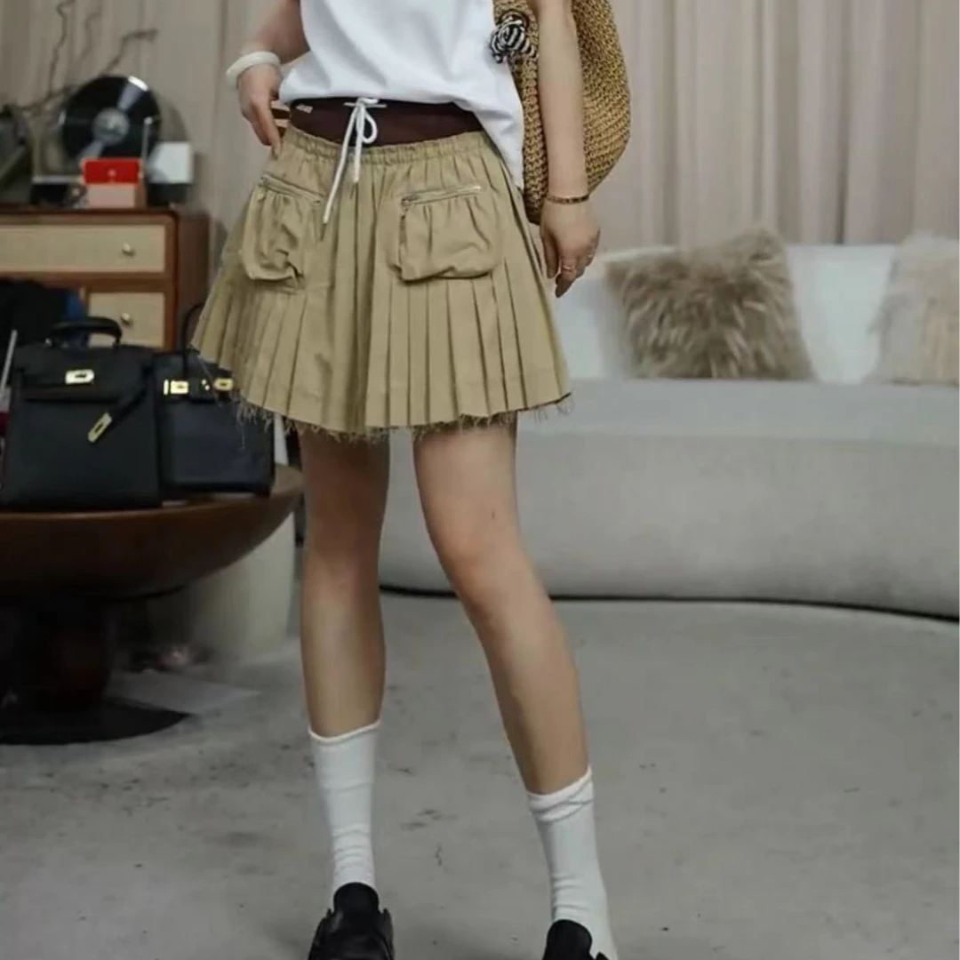 infobyfive福利夏季新款高腰百搭女士复古百褶裙屁帘短裙2DE0904