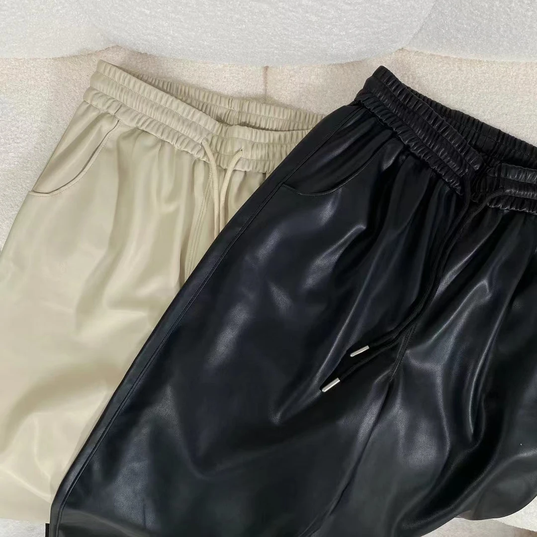 infobyfive2024秋冬新款长裤百搭抽绳松紧简约皮裤2DJ0904