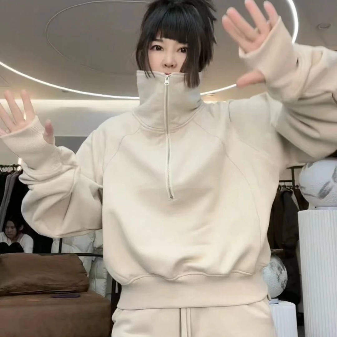 infobyfive春季新套指螺纹拼接拉链高领卫衣加绒打底HL11262