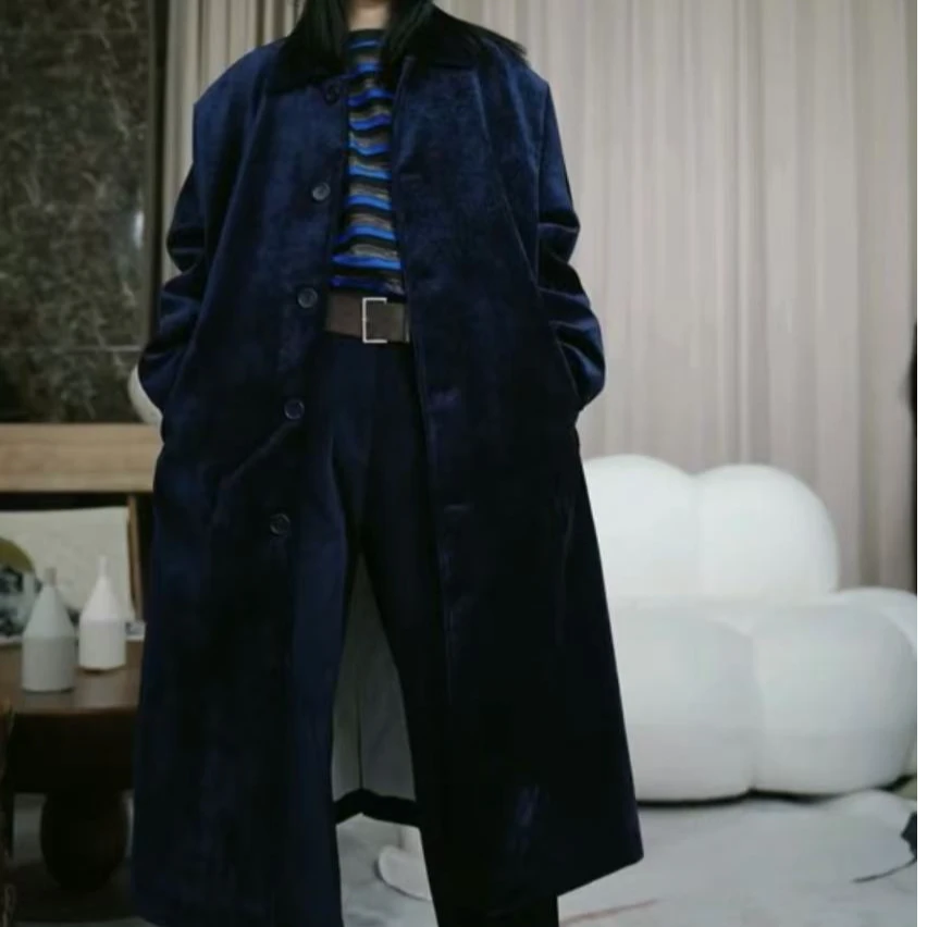 infobyfive2025冬新款藏蓝色气质加厚中长款长款丝绒外套2DK0402