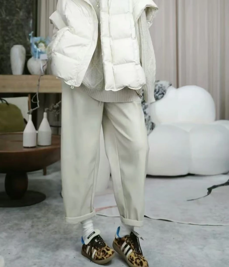 infobyfive2024秋冬新款阔腿宽松松紧腰抽绳皮裤八分裤2DI3001