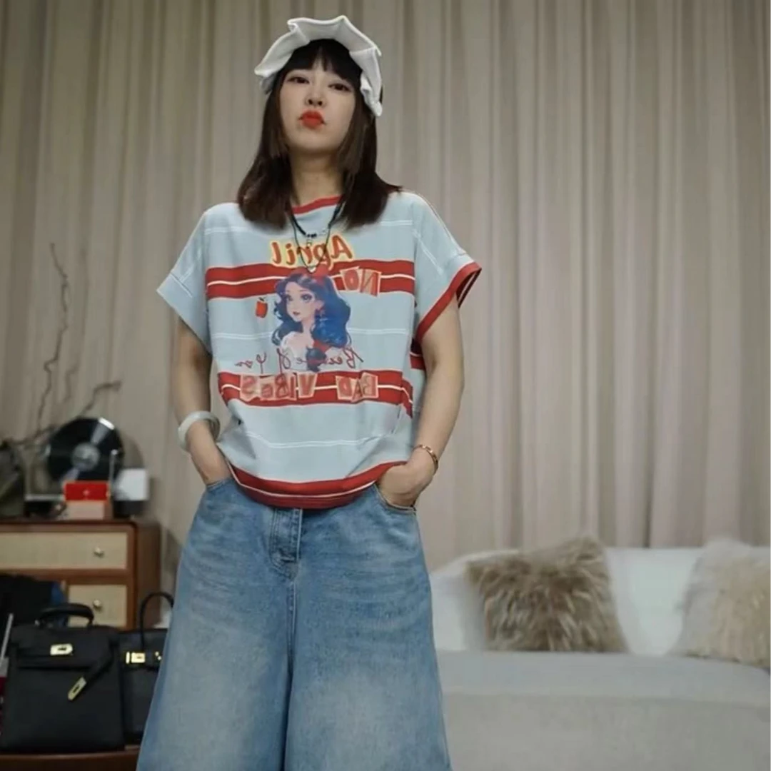 infobyfive福利夏季新款白雪公主宽松印花卡通撞色T恤2DF0203