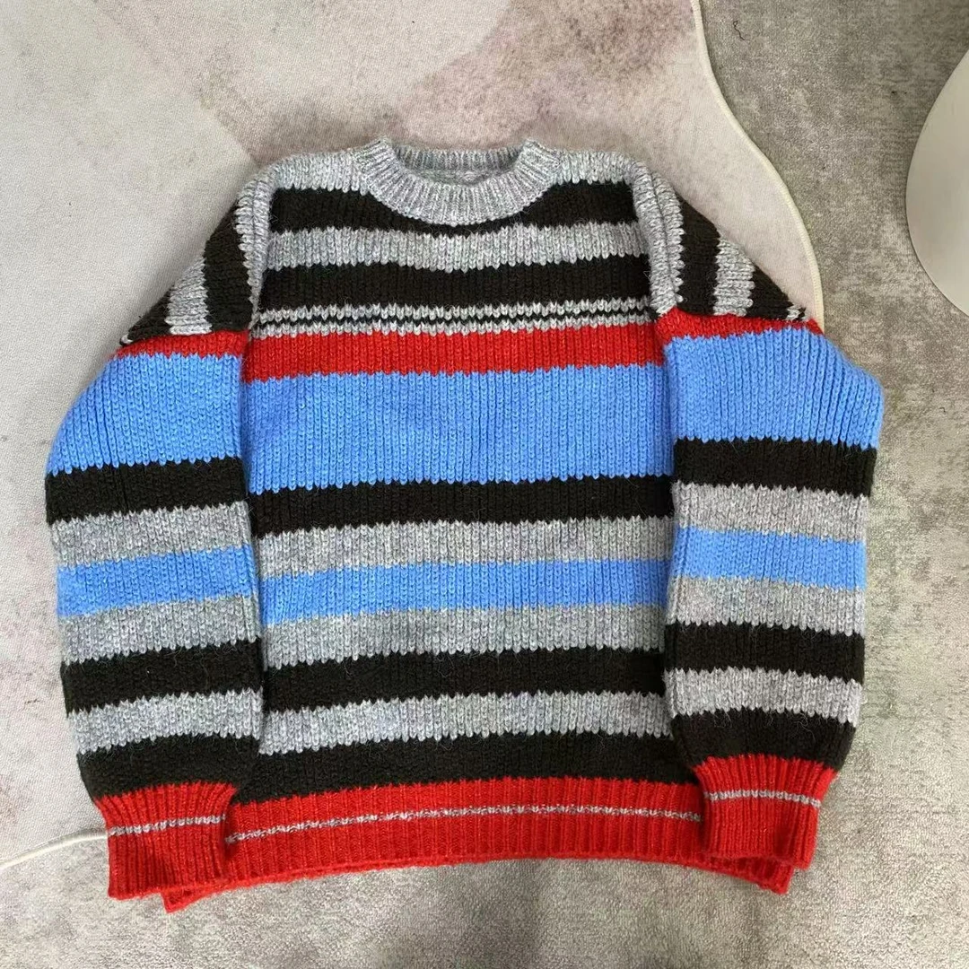 infobyfive福利冬季新款宽松拼色彩虹条纹带帽子针织毛衣2DL0203