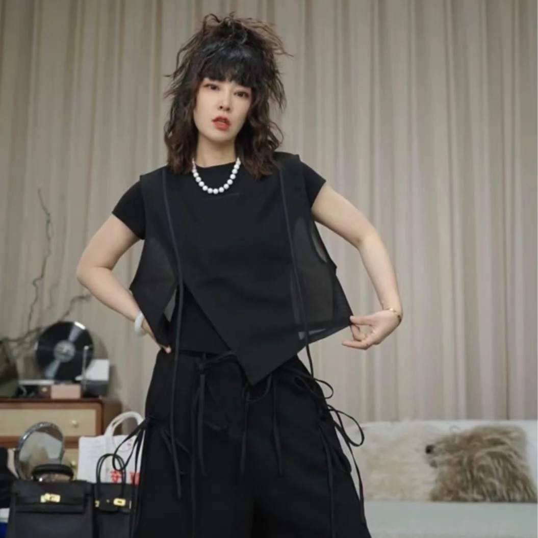 infobyfive2025春夏季新显瘦圆领不规则一代网纱马夹马甲2DE1004