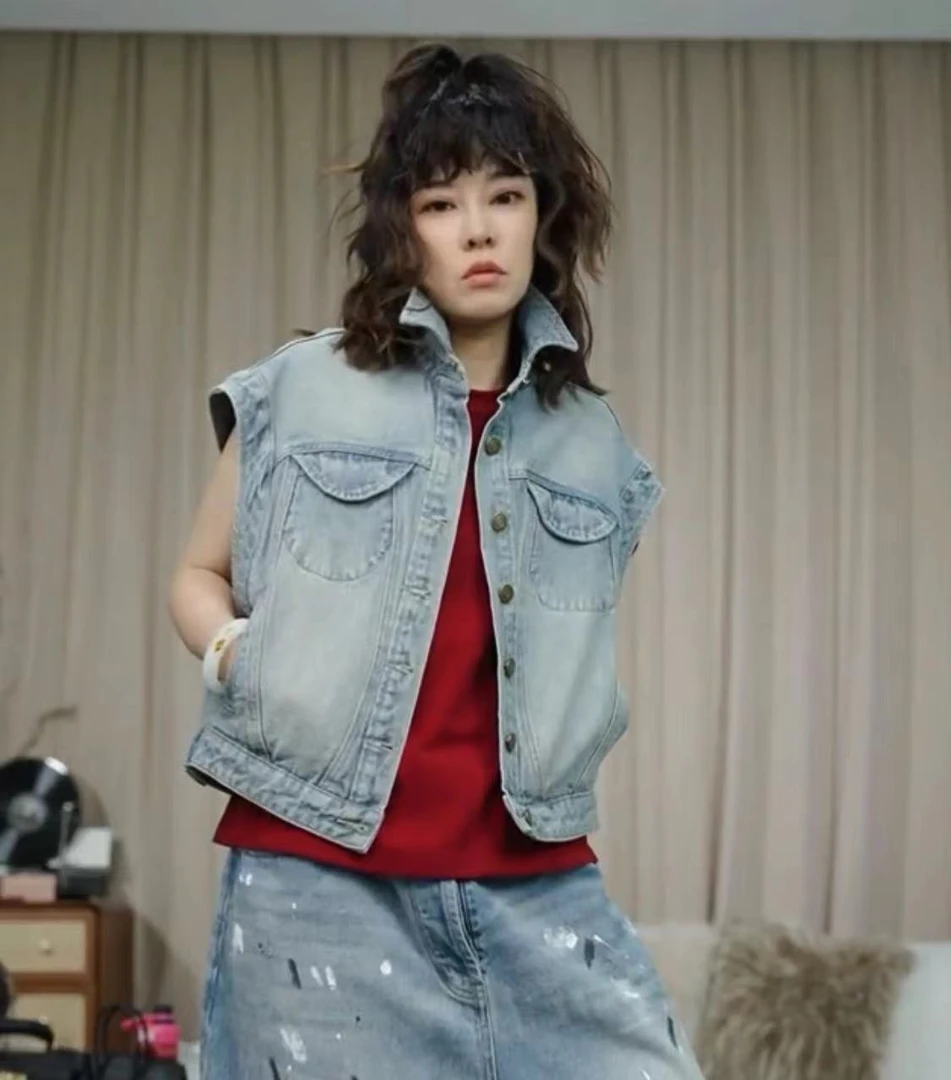 infobyfive2025夏季新款无袖水洗做旧复古牛仔马夹马甲2DE1901