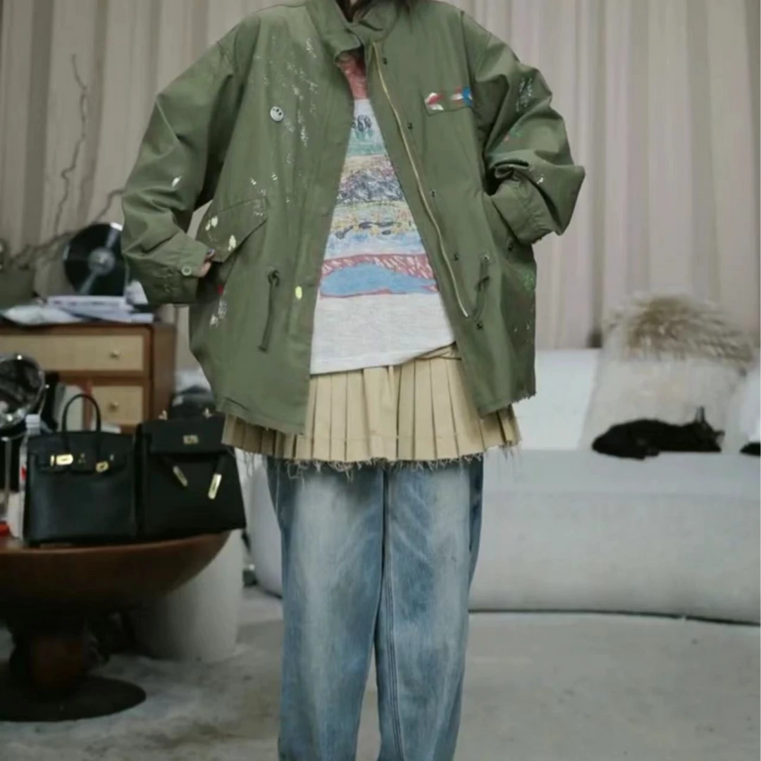 infobyfive福利秋冬新款复古绿色宽松工装泼墨外套2DI1203