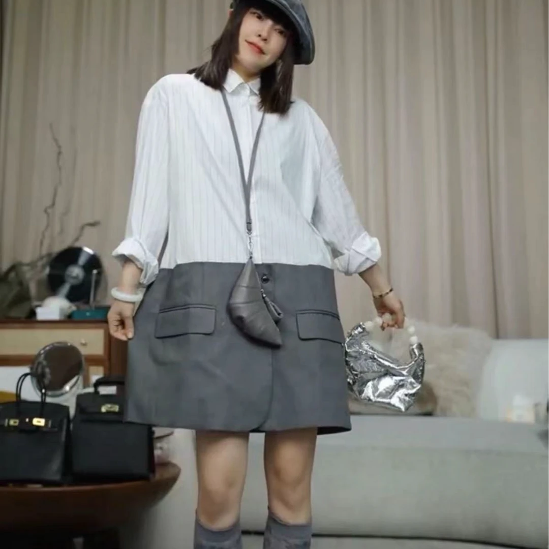 infobyfive福利夏季新款衬衫拼接西装黑白连衣裙衬衫裙2DD1801