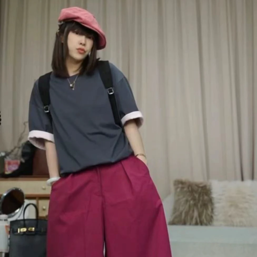 infobyfive福利春夏新款百搭休闲翻袖撞色圆领短袖T恤2DD1412