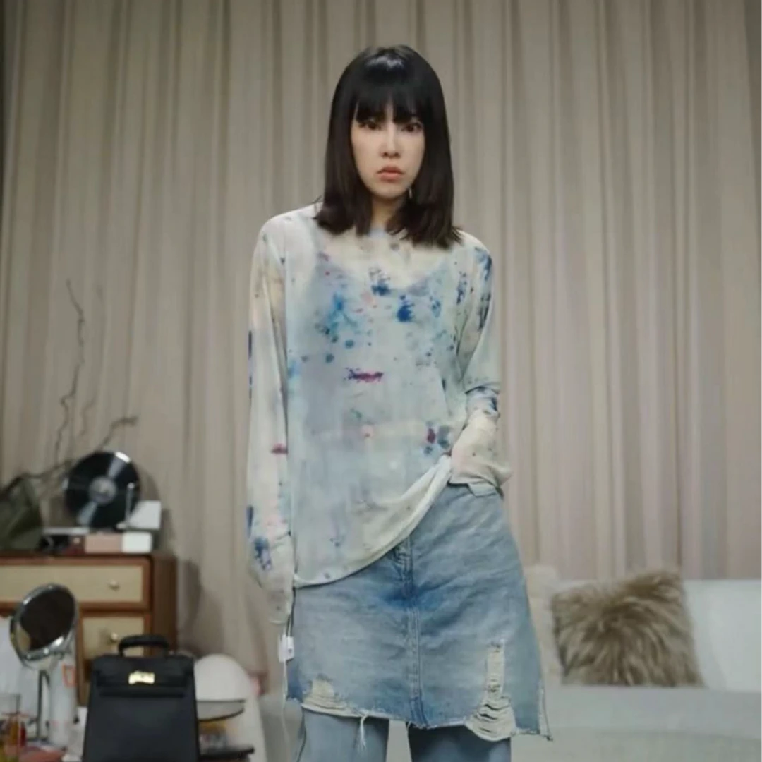 infobyfive2025春季新款泼墨长袖女士圆领宽松网纱防晒T恤2DE0705