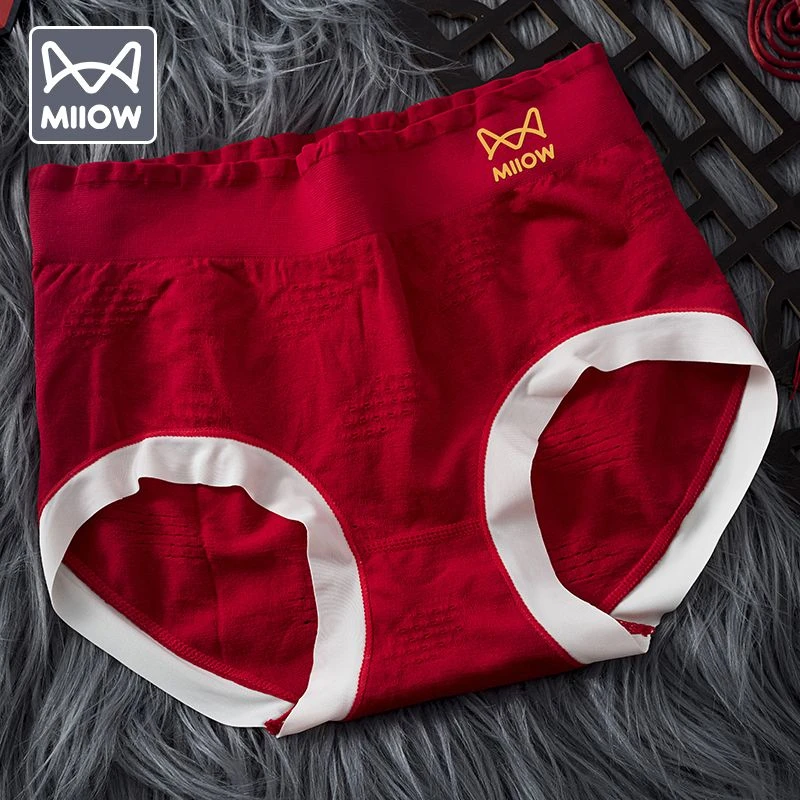 猫人本命年大红色无痕内裤女中腰透气包臀女士成人大码三角裤蛇年