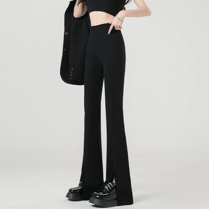 黑色开叉微喇叭裤女春秋高腰垂感修身显瘦休闲直筒拖地裤子西装裤