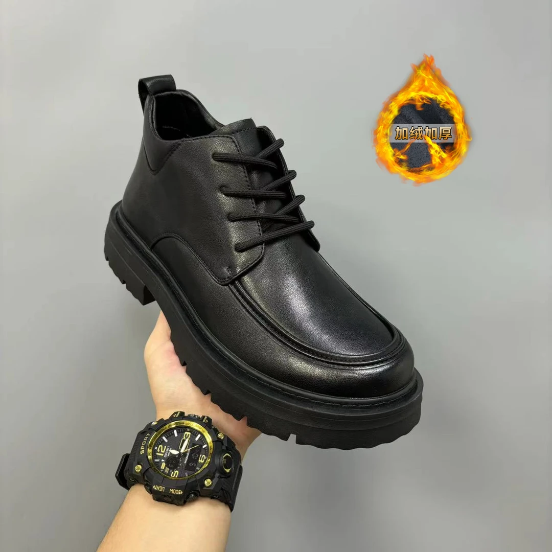 冬季新款加绒高帮靴子男高级感厚休闲皮鞋男士系带马丁靴真皮男鞋