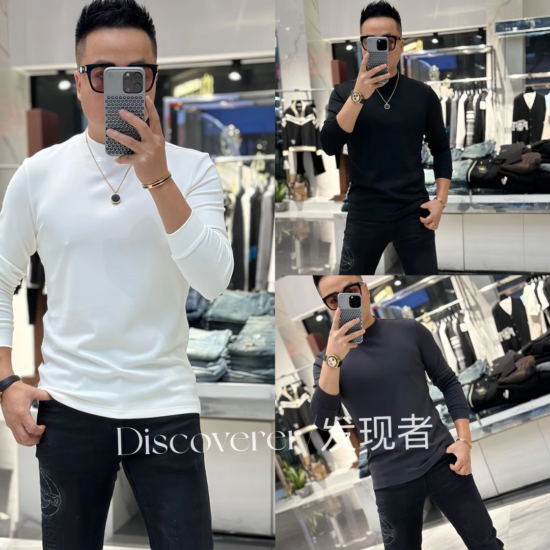 【发现者】2024新款高端莫代尔棉小中领净版长袖男士高品质T恤9726