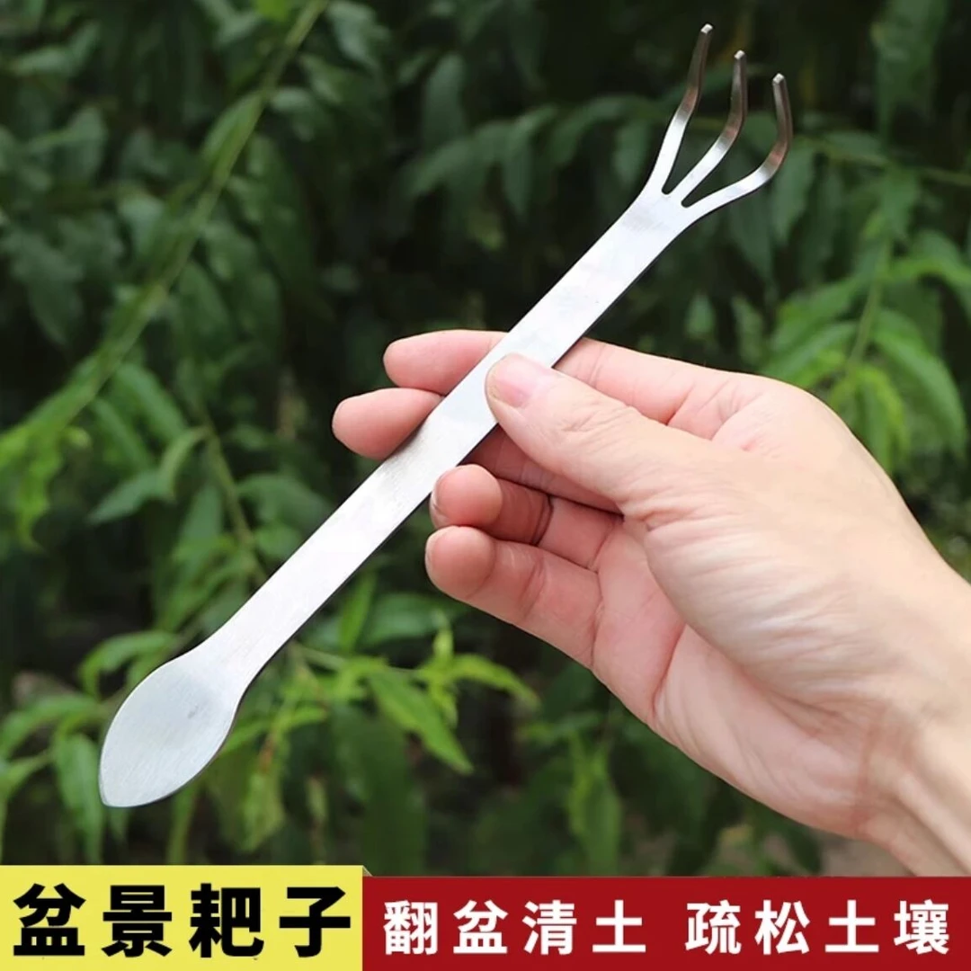 不锈钢两用 盆景耙子+营养液 盆景撬土压士盆栽多肉植物松柏摘芽