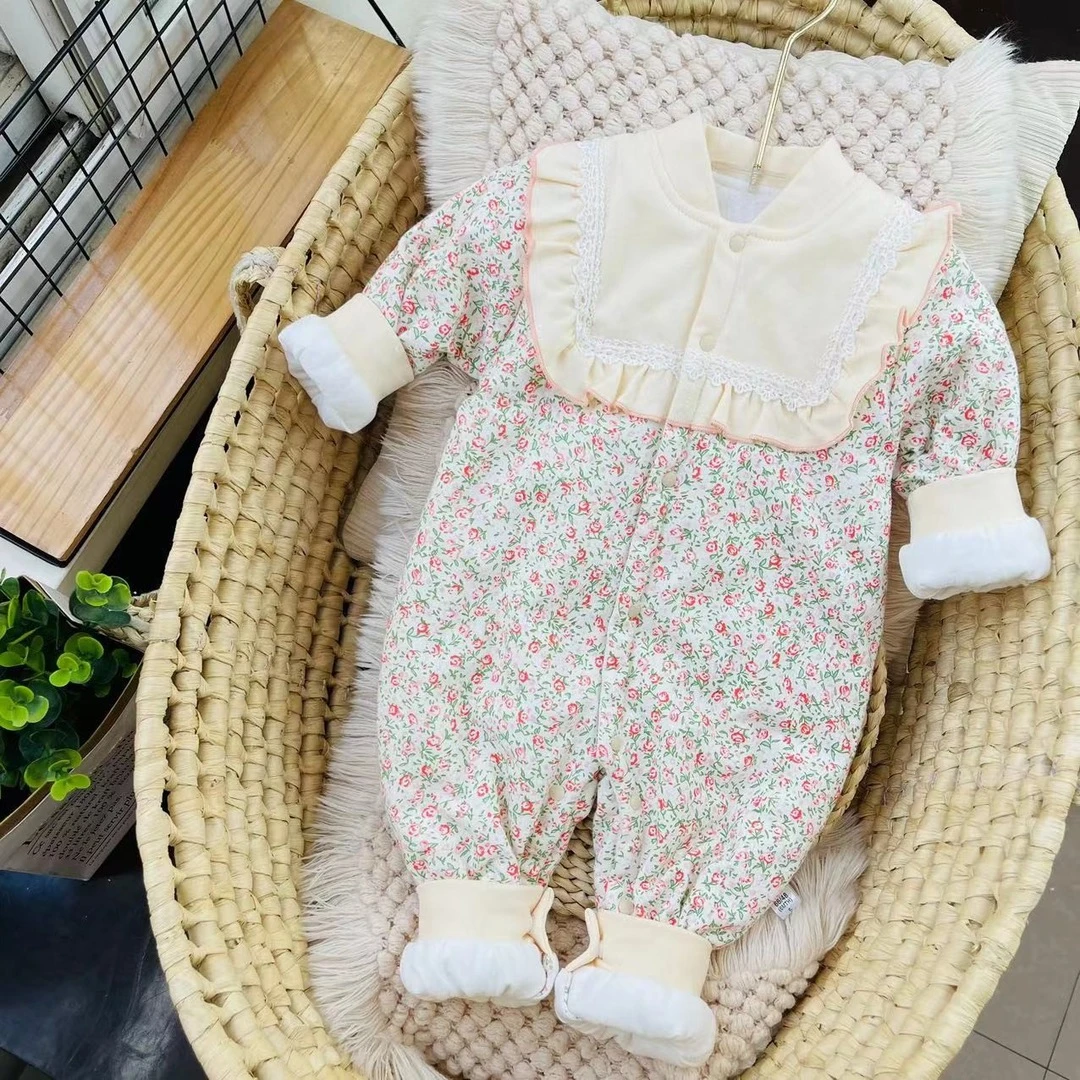 8秋款现货夹棉40克玫瑰庄园 女宝婴幼儿闭裆哈衣连体衣新生儿