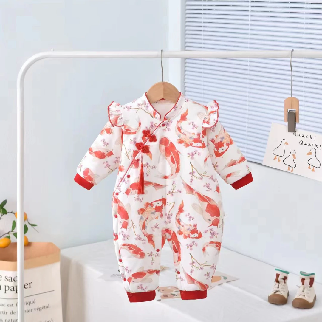 8锦鲤风华 120克薄棉冬款闭档满月宴周岁哈衣连体衣婴儿幼儿