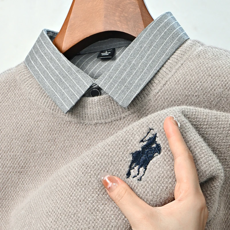 冬季加厚衬衫领毛衣男士时尚假两件翻领休闲针织衫加绒保暖打底衫