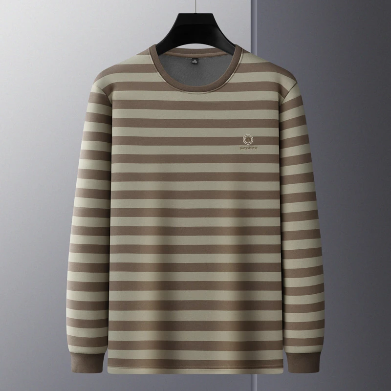 时尚条纹加绒卫衣男士冬季保暖加厚打底t恤宽松休闲百搭圆领上衣
